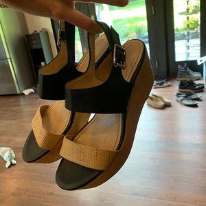 Calvin Klein tan and black wedged sandals